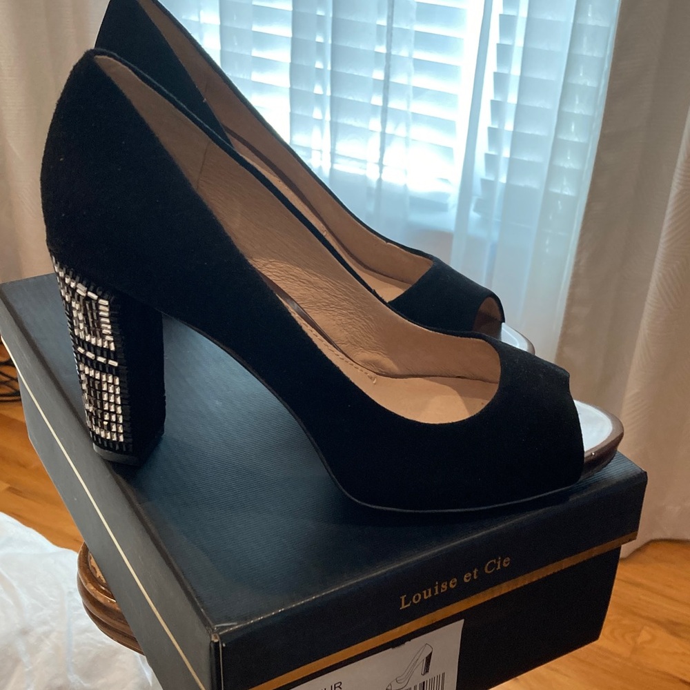 Louise et Cie Black Peep-Toe Heels with Crystal Accents